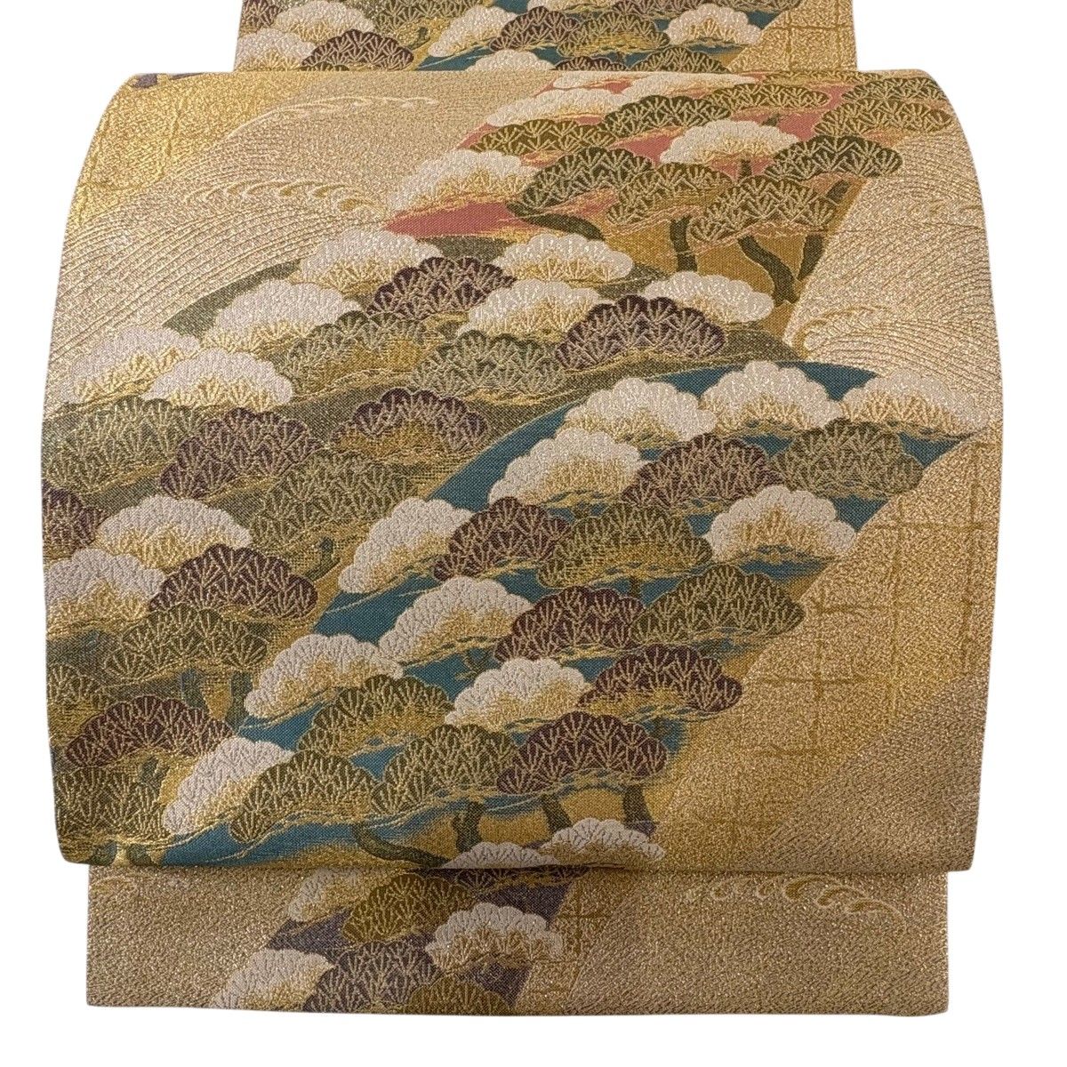 【美品】 袋帯 秀品 山波松彩文 箔 金糸 金色 六通 正絹 【中古】