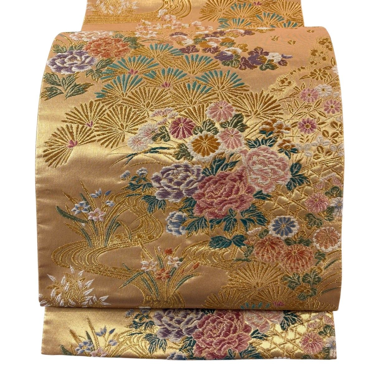 【美品】 袋帯 秀品 やまと 牡丹 若松 金糸 箔 金色 六通 正絹 【中古】