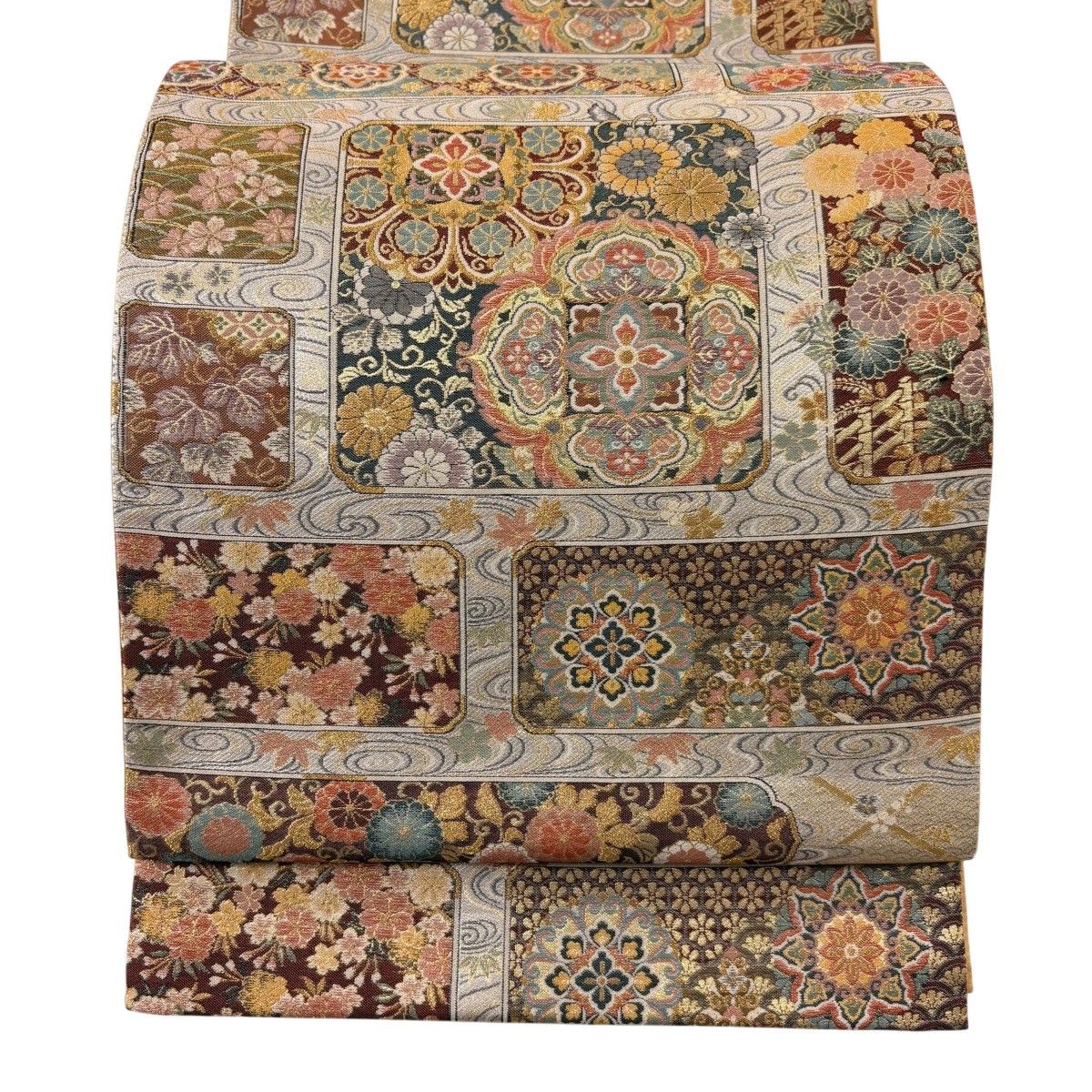 【美品】 袋帯 秀品 華文 草花 箔 金糸 銀色 六通 正絹 【中古】