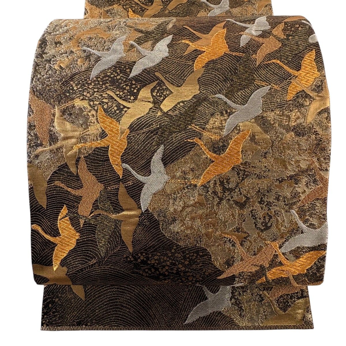 【美品】 袋帯 秀品 関西仕立て 鳥 波 箔 金銀糸 黒 六通 正絹 【中古】