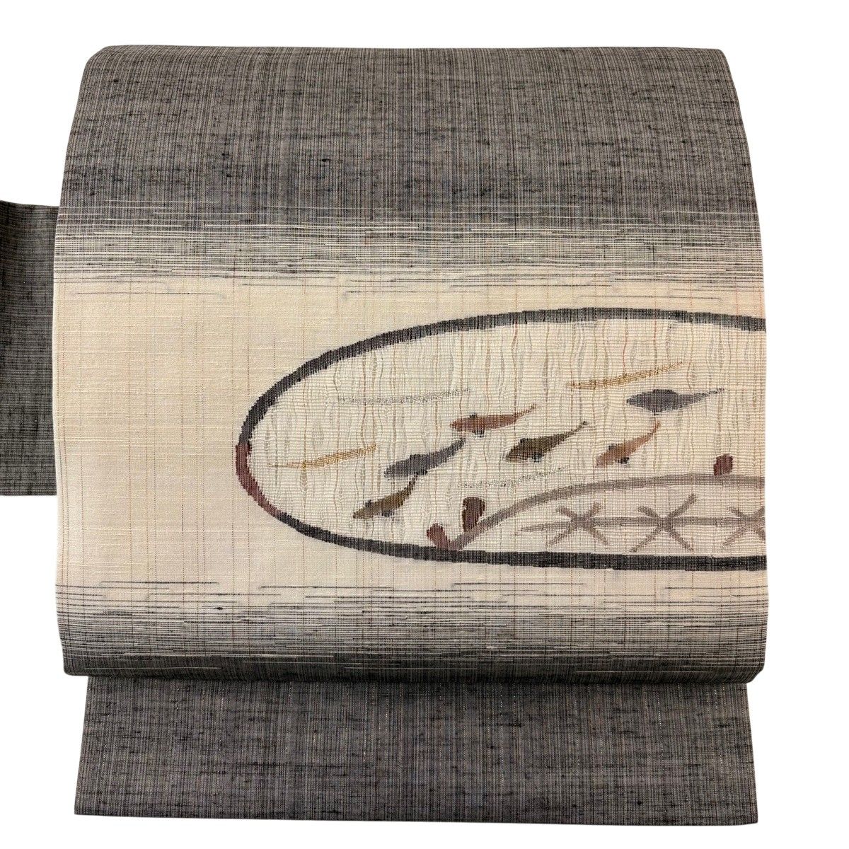 【美品】 名古屋帯 秀品 落款 魚 縞 金銀糸 灰色 正絹 【中古】