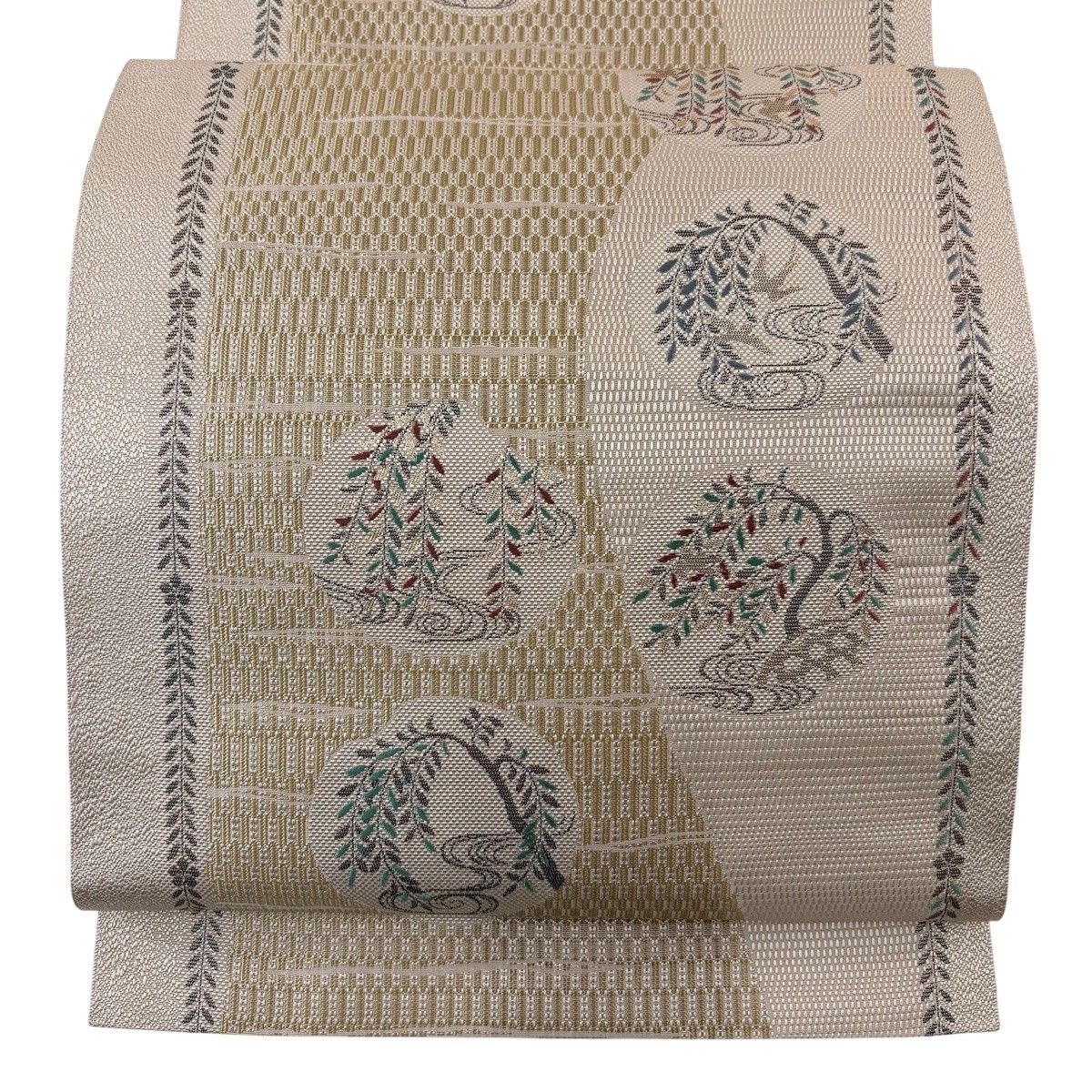 【美品】 名古屋帯 秀品 松葉仕立て 八寸名古屋帯 紬地 柳 観世水 箔 ベージュ 正絹 【中古】