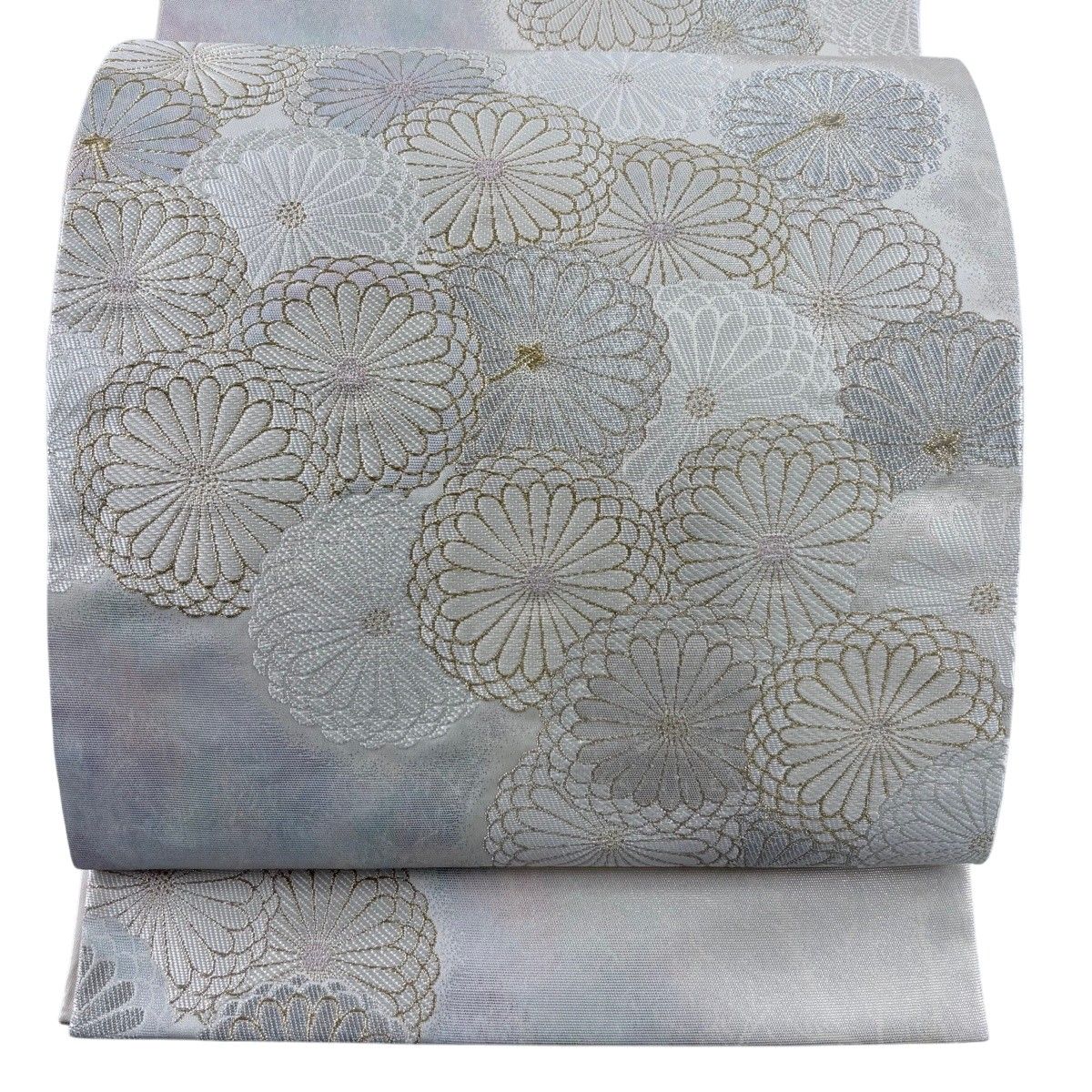 【美品】 袋帯 秀品 菊 金銀糸 箔 クリーム 六通 正絹 【中古】