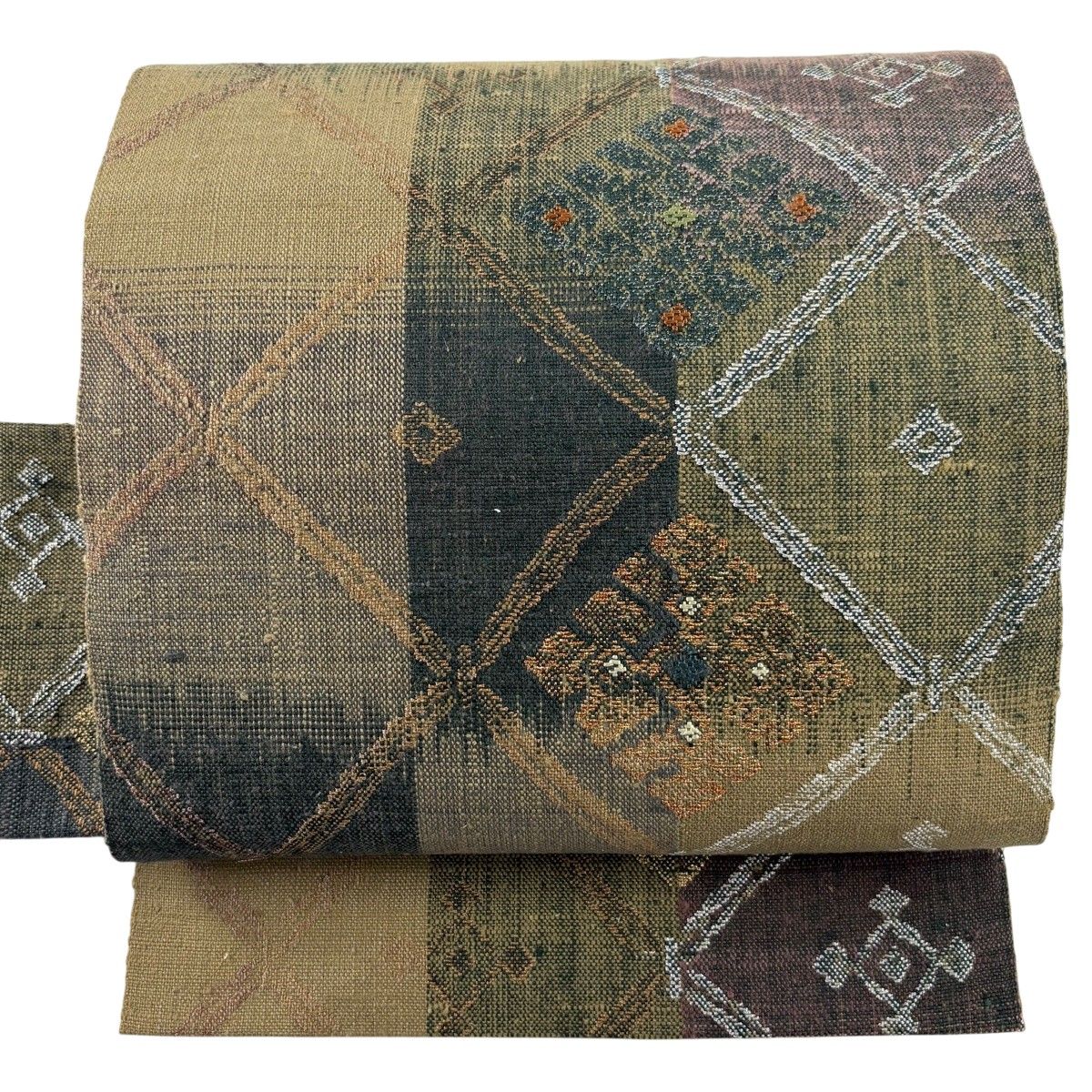 【美品】 名古屋帯 秀品 菱 斜め格子 金銀糸 黄土色 正絹 【中古】