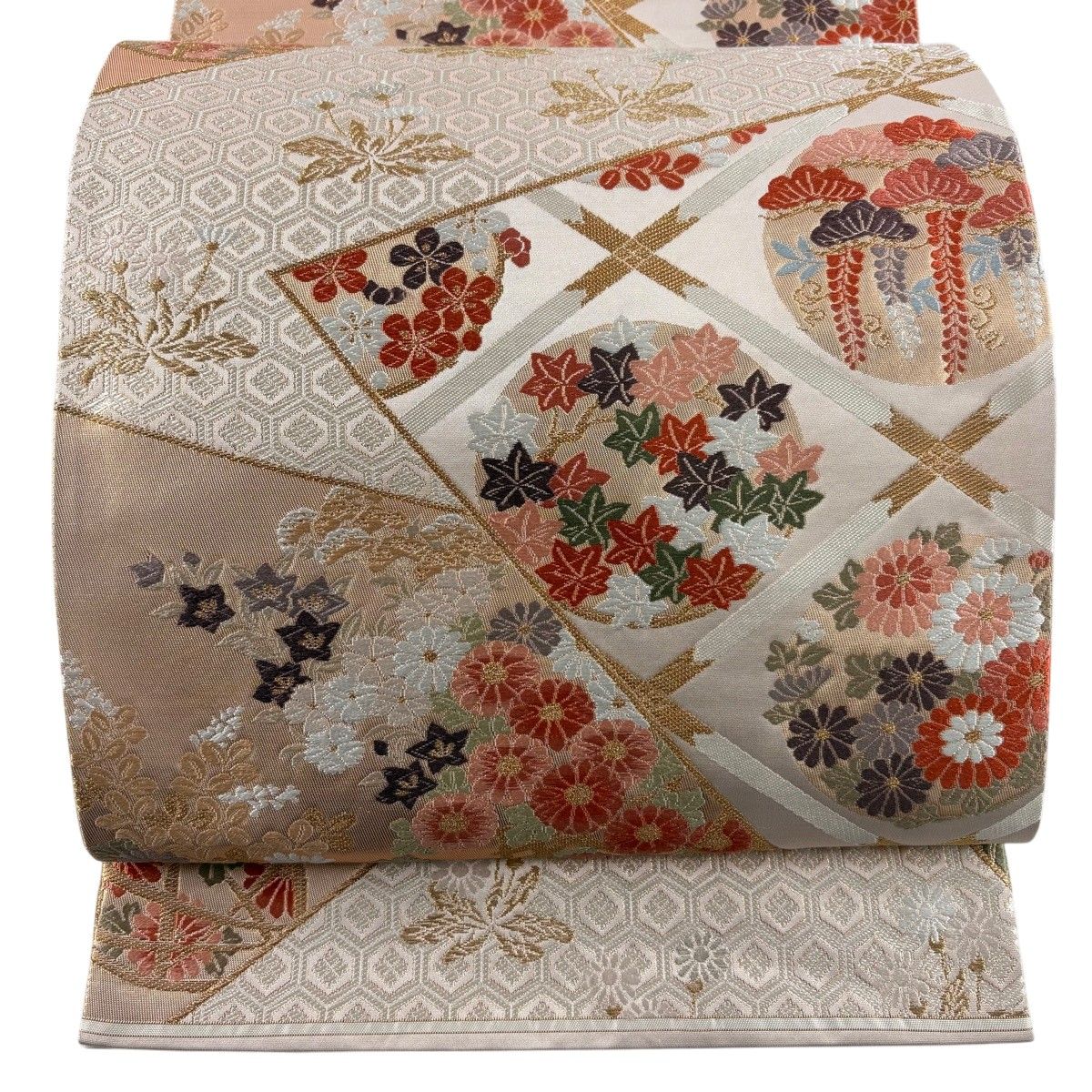 【美品】 袋帯 秀品 関西仕立て 花籠 草花 金銀糸 唐織 ピンクベージュ 六通 正絹 【中古】