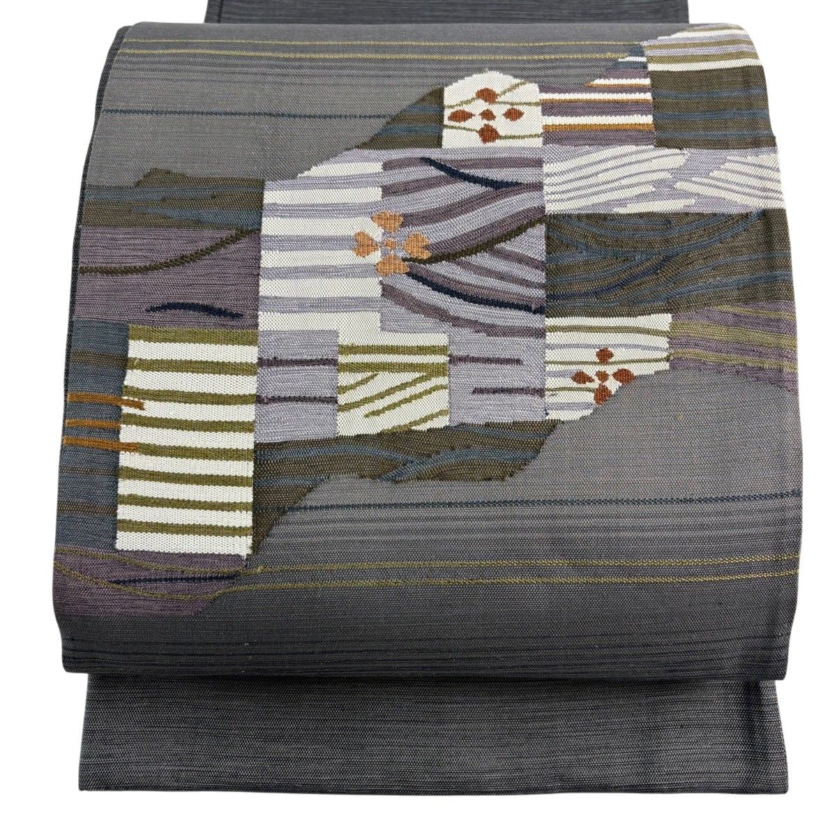 【美品】 袋帯 秀品 紬地 花 波 灰色 お太鼓柄 正絹 【中古】