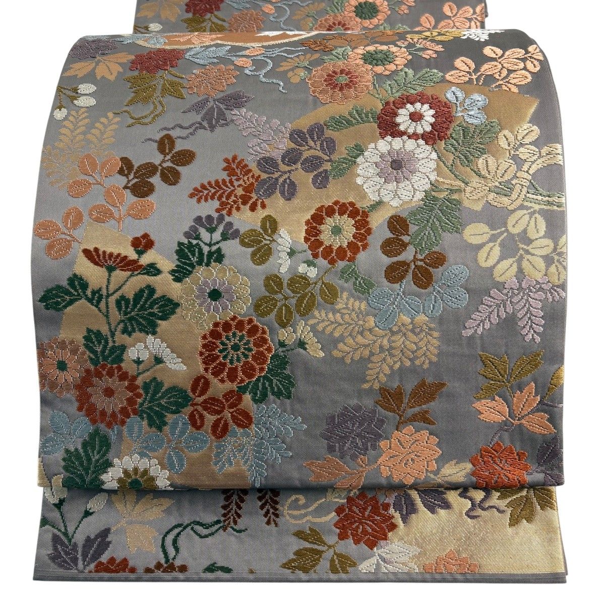 【美品】 袋帯 秀品 関西仕立て 草花 扇面 唐織 箔 灰紫 六通 正絹 【中古】