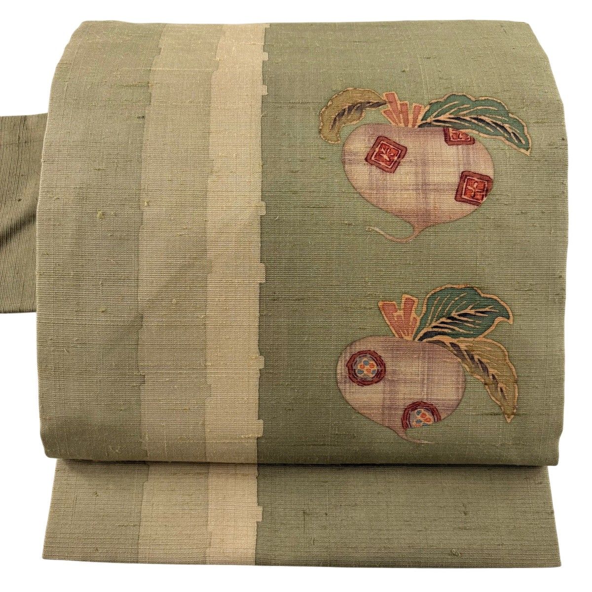 【美品】 名古屋帯 秀品 紬地 蕪 よもぎ色 正絹 【中古】