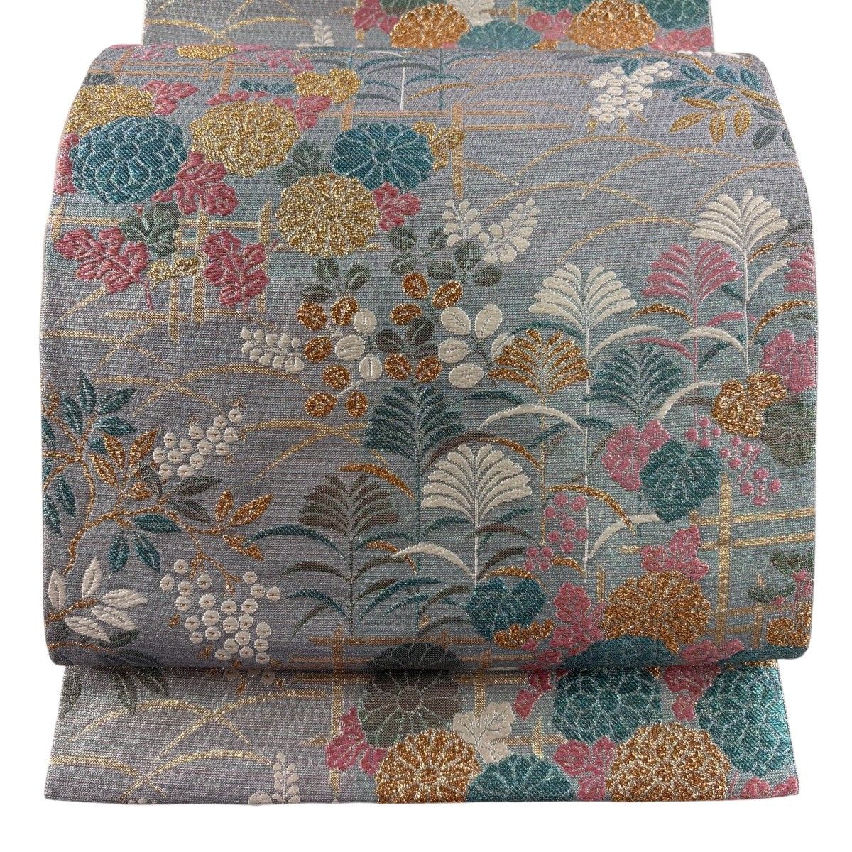 【美品】 袋帯 秀品 菊 草花 箔 水色 六通 正絹 【中古】