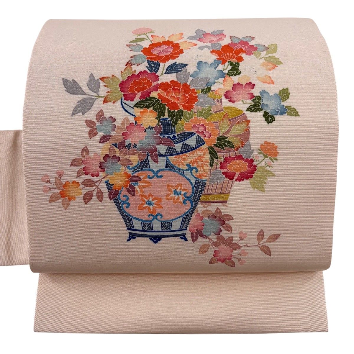 【美品】 名古屋帯 秀品 落款 花器 ピンクベージュ 正絹 【中古】