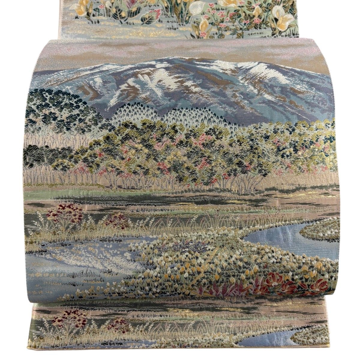 【美品】 袋帯 秀品 日本紀行 尾瀬水芭蕉 箔 唐織 ベージュ 六通 正絹 【中古】