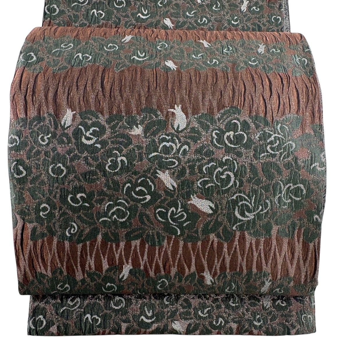 【美品】 袋帯 秀品 花唐草 段縞 箔 小豆色 六通 正絹 【中古】