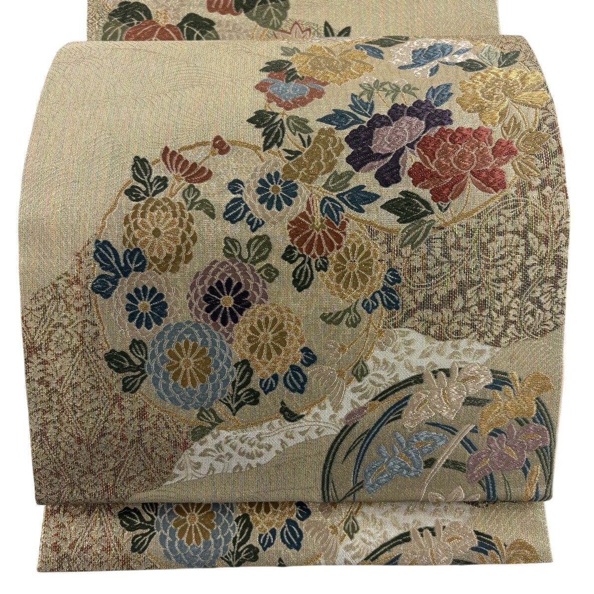 【美品】 袋帯 秀品 桃山花丸文 菊 唐織 箔 ベージュ 六通 正絹 【中古】