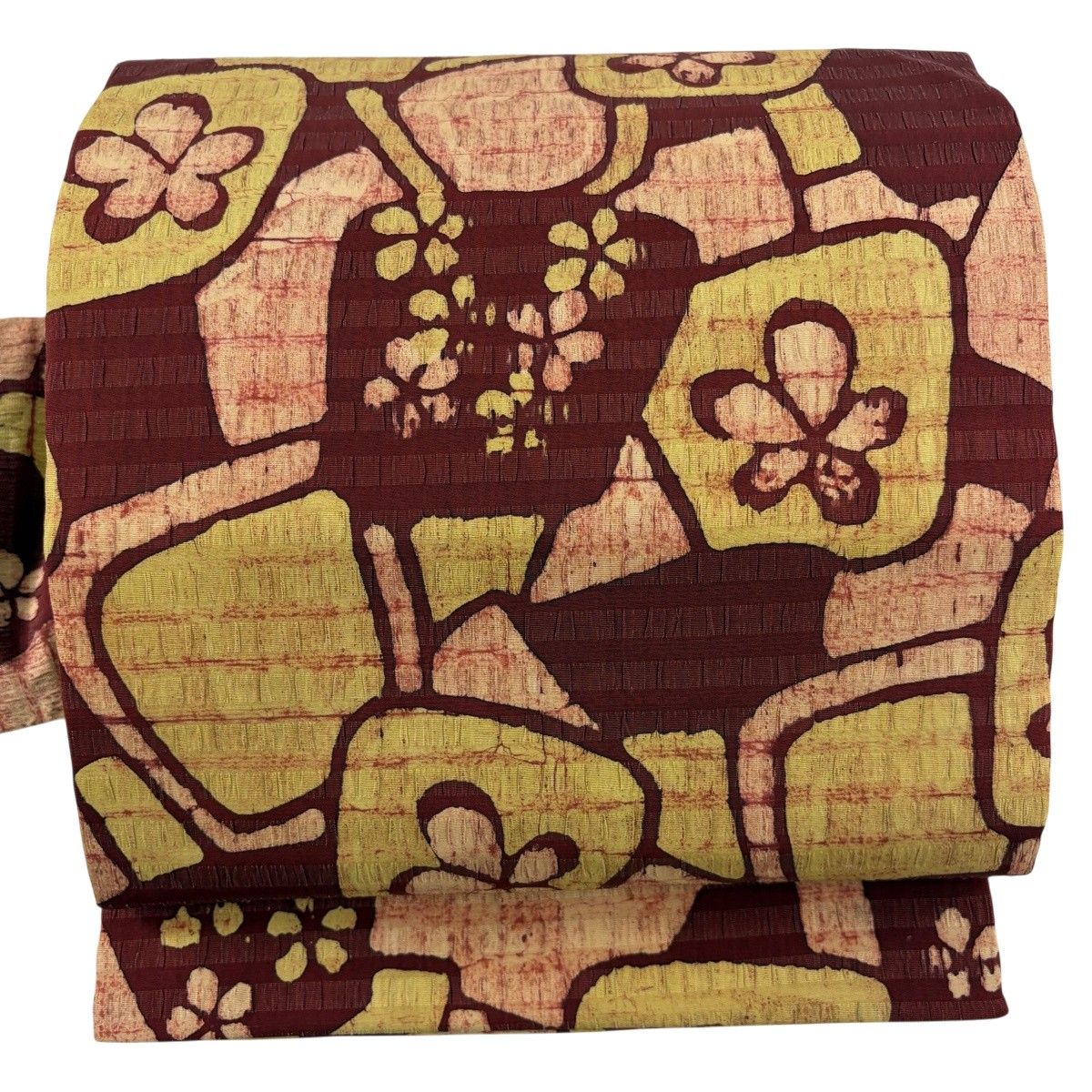 名古屋帯 秀品 花 幾何学模様 えんじ色 正絹 【中古】