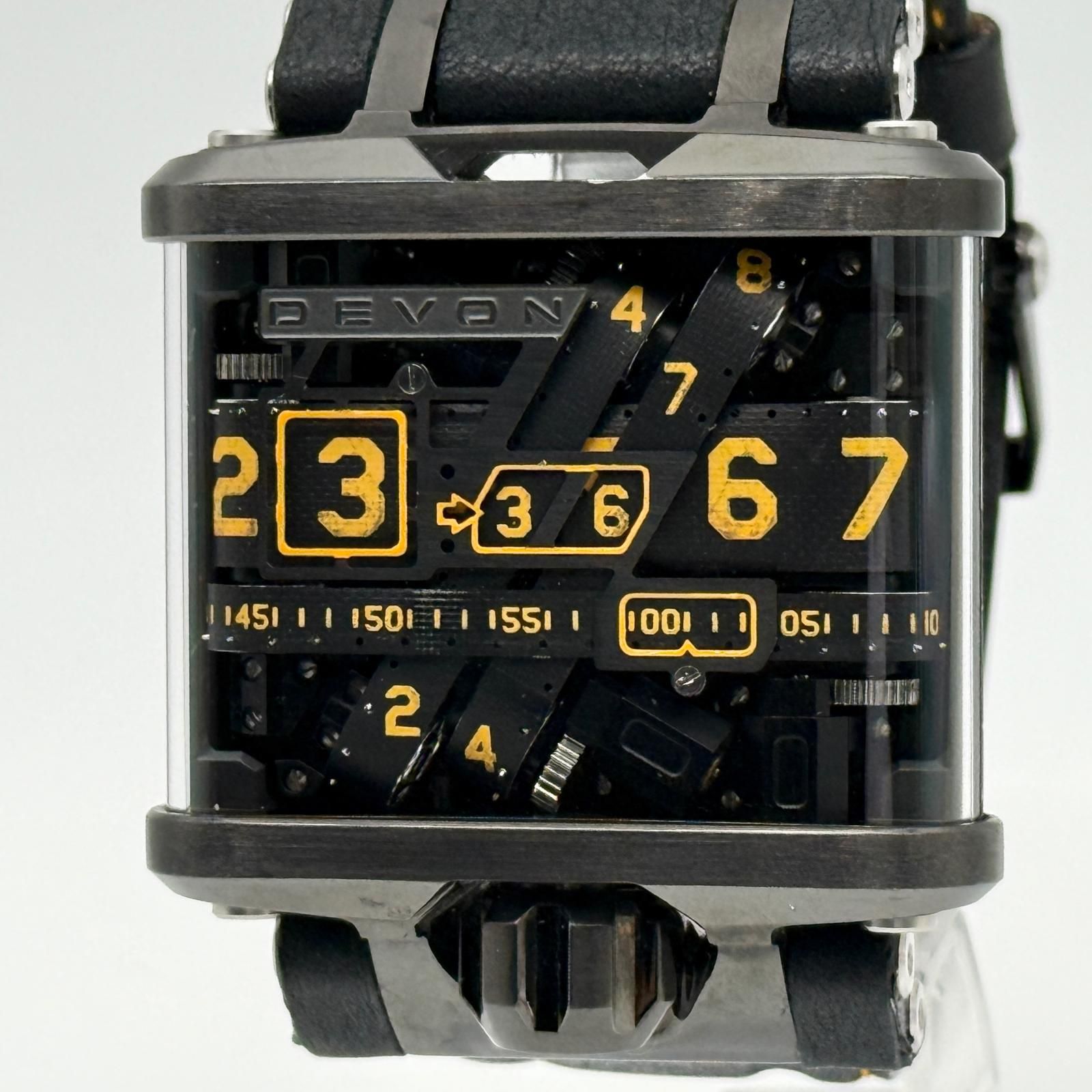 DEVON デヴォンワークス トレッド1 F0124 SS SS×革 スケルトン文字盤 オレンジ QZ メンズ 腕時計 稼働品