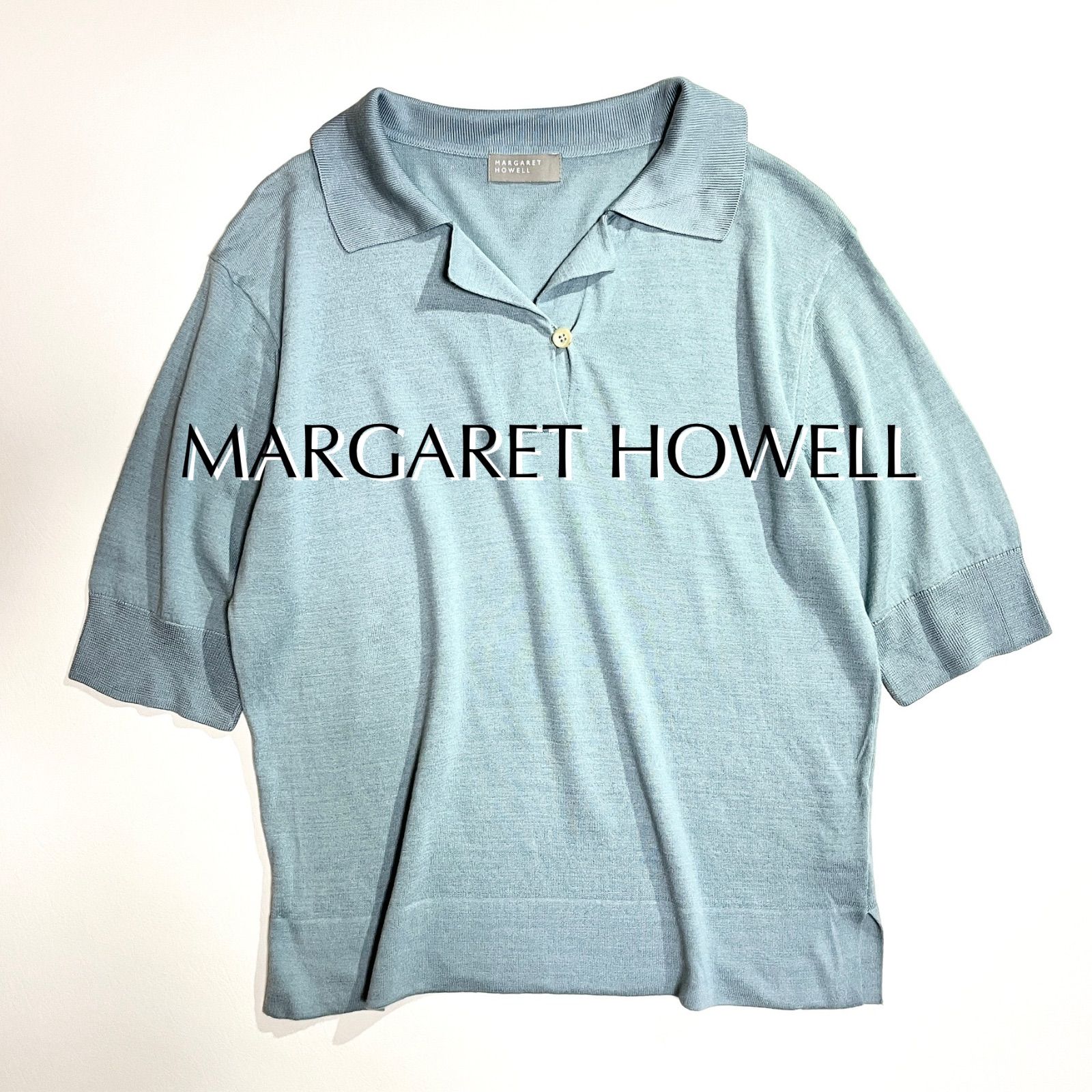 kT27 MARGARET HOWELL コットンシルクポロ ポロシャツ 絹 シルクセーター半袖 ニット グリーン 緑 サイプレス マーガレットハウエル 定価31,900円