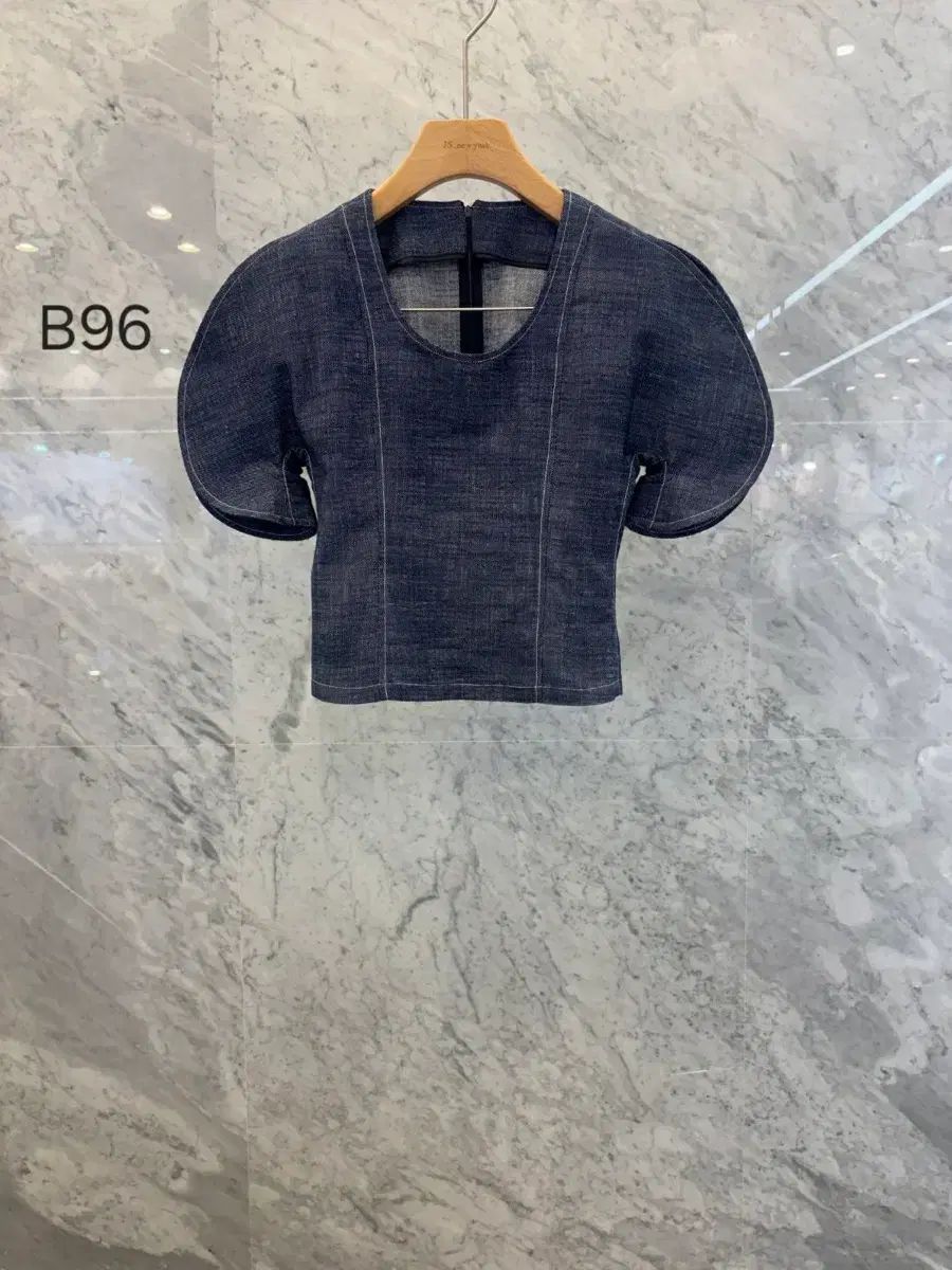 jsNEW YORKスタイル新作(当日発送)スティッチ スリット カーブ袖 インディゴデニム ブラウス