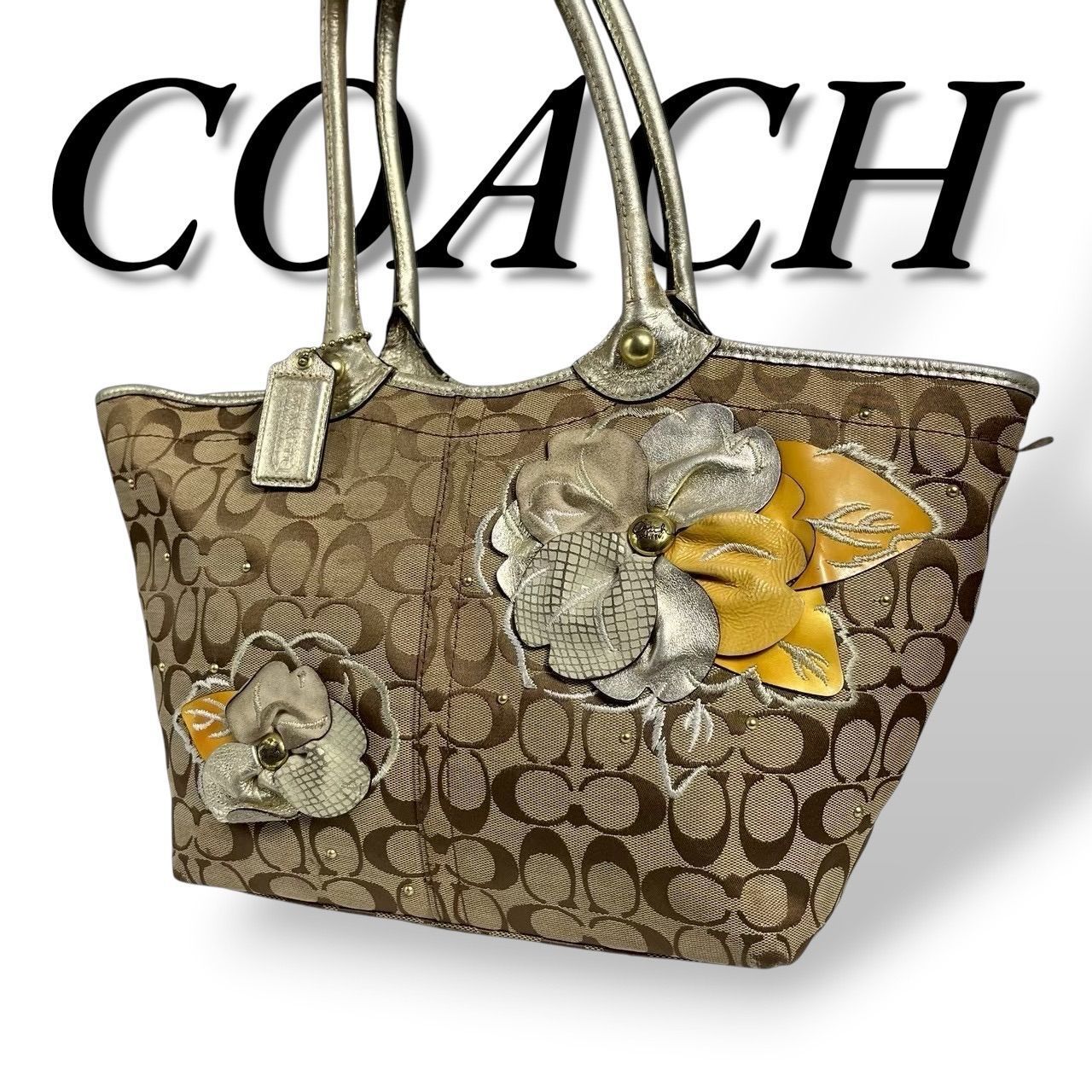 COACH　コーチ　F16276　美品　トートバッグ　キャンバス　カーキ×ゴールド　アップリケ　花柄　シグネチャー　474