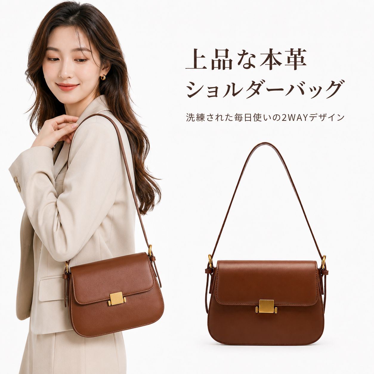 新品 本革 ショルダーバッグ レディース 2WAY 斜め掛け 腋下バッグ 豆腐バッグ 小さめ スクエアバッグ 鍵金具 キャメル ベージュ ブラック グレーアイボリー 送料無料