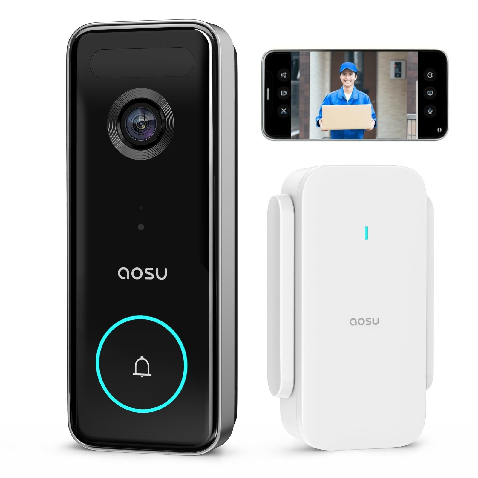 ☆新品☆aosu インターホン ドアホン ワイヤレス 【内蔵メモリ8GB 2.4/5GhzWi-Fi 充電式・配線工事不要/電源コード式】 500万高画素 3K 人体検知 ビデオドアベル カメラ付き 盗難防止 HD暗視機能 スマホ連動 双方向 0c102501