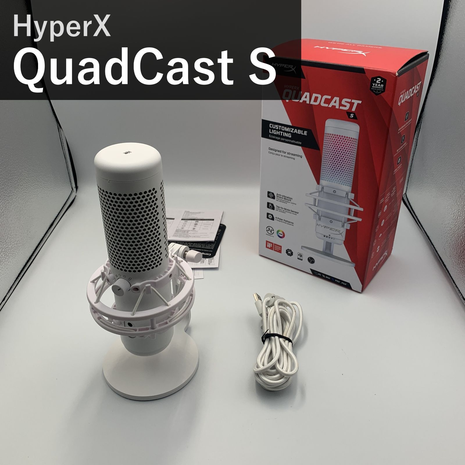 HyperX QuadCast S USB コンデンサーマイク 519P0AA ホワイト RGBライティング スタンドアロンマイク テレワーク ストリーマー ゲーマー PC PS4 PS5対応 タップミュート ハイパーエックス 国内正規品