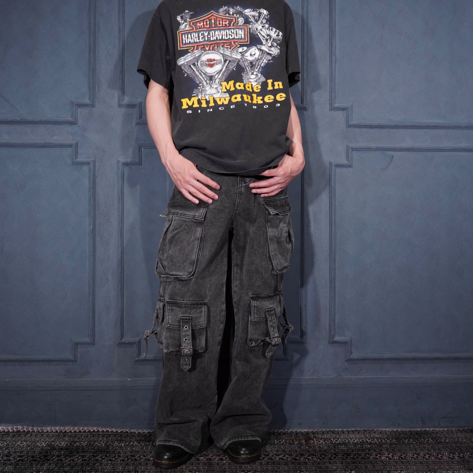 EU VINTAGE MOCHY BELTED DESIGN BLACK COLOR CARGO PANTS/ヨーロッパ古着ベルテッドデザインブラックカラーカーゴデニムパンツ