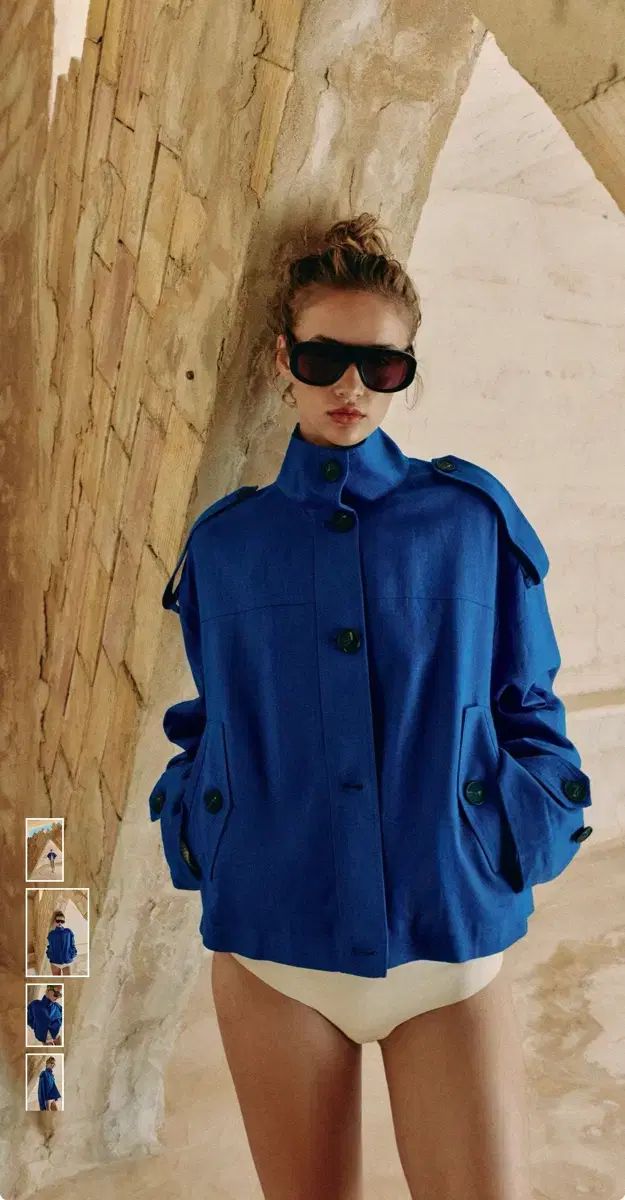 (新品) ZARA ザラ リネン ハイネック ジャケット ブルー s