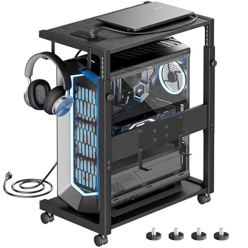 PC収納ボックス サーバーラック 360°キャスター付き CPUスタンドカート昇降式パソコンワゴン 充電ステーション付き PC 台車 2段 オフィス ゲーミングPC 4つのフック付 家庭やオフィスで使用 (ブラック)ma b83a1e0a