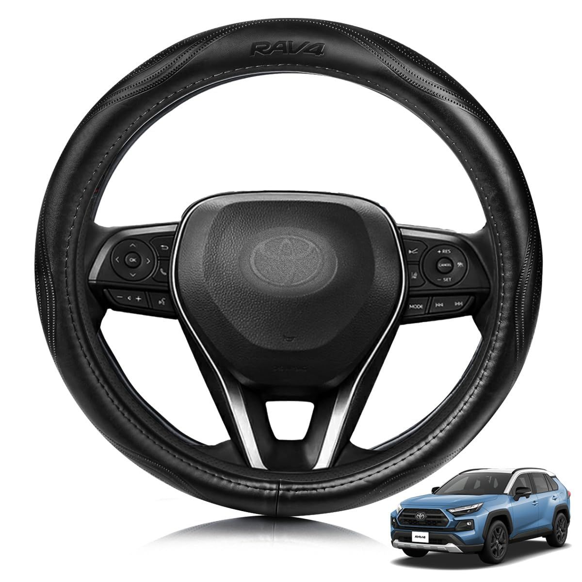 R◆トヨタ に適用 RAV4 対応 ハンドルカバー 高級本革 ステアリングカバー おしゃれなデザイン 透湿性あり 耐摩耗性 防水仕様 汚れ防止 滑り止め 通気性優れ３Ｄグリップ 専車ロゴ オールシーズン対応 耐老化性強化 簡単取付 内装パーツ 9adacbf9