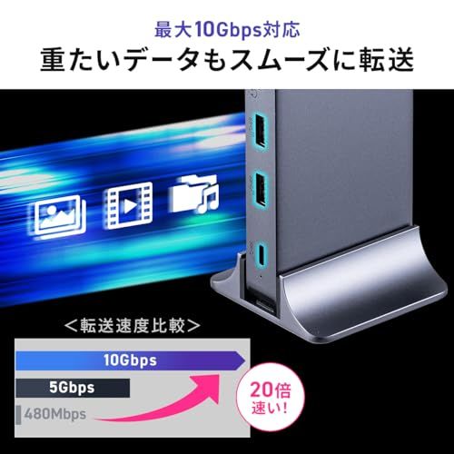 サンワダイレクト Type-C ドッキングステーション 2画面出力 4K HDMI 縦型スタンド付 LAN PD 100W イヤホンジャック SD microSD アルミ製 11in1 400-VGA025ma 99347f95