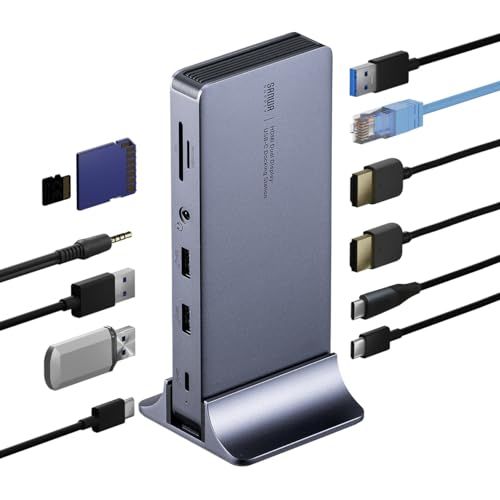 サンワダイレクト Type-C ドッキングステーション 2画面出力 4K HDMI 縦型スタンド付 LAN PD 100W イヤホンジャック SD microSD アルミ製 11in1 400-VGA025ma 99347f95