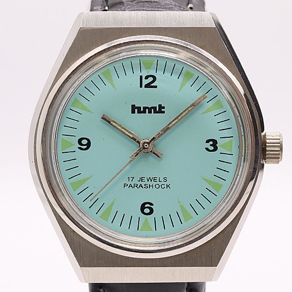 美品 稼働 HMT パラショック 050286 SS 手巻き ターコイズブルー文字盤 メンズ腕時計 8822000 6ANT KMT ABC24901