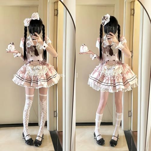 [MODKOKU] メイド服 3点セット 上下セット ロリータ セットアップ ミニスカート ウエストマーク レディース 服 制服 JK ゴスロリ フリル リボン メード服 コスプレ ロリィタ 仮装 Lolita アイドル 衣装 半袖 女の子 b6644ec0