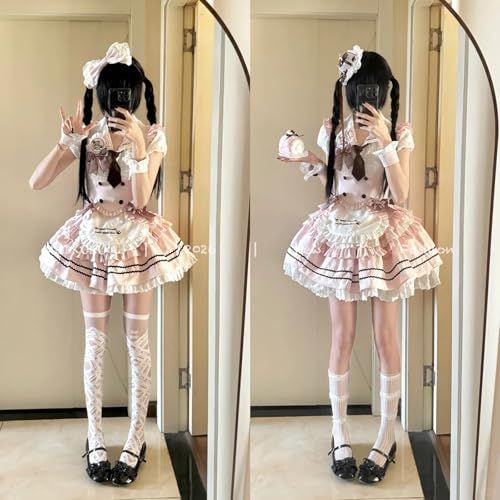 [MODKOKU] メイド服 3点セット 上下セット ロリータ セットアップ ミニスカート ウエストマーク レディース 服 制服 JK ゴスロリ フリル リボン メード服 コスプレ ロリィタ 仮装 Lolita アイドル 衣装 半袖 女の子 b6644ec0