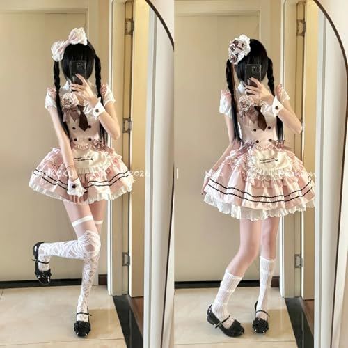 [MODKOKU] メイド服 3点セット 上下セット ロリータ セットアップ ミニスカート ウエストマーク レディース 服 制服 JK ゴスロリ フリル リボン メード服 コスプレ ロリィタ 仮装 Lolita アイドル 衣装 半袖 女の子 b6644ec0