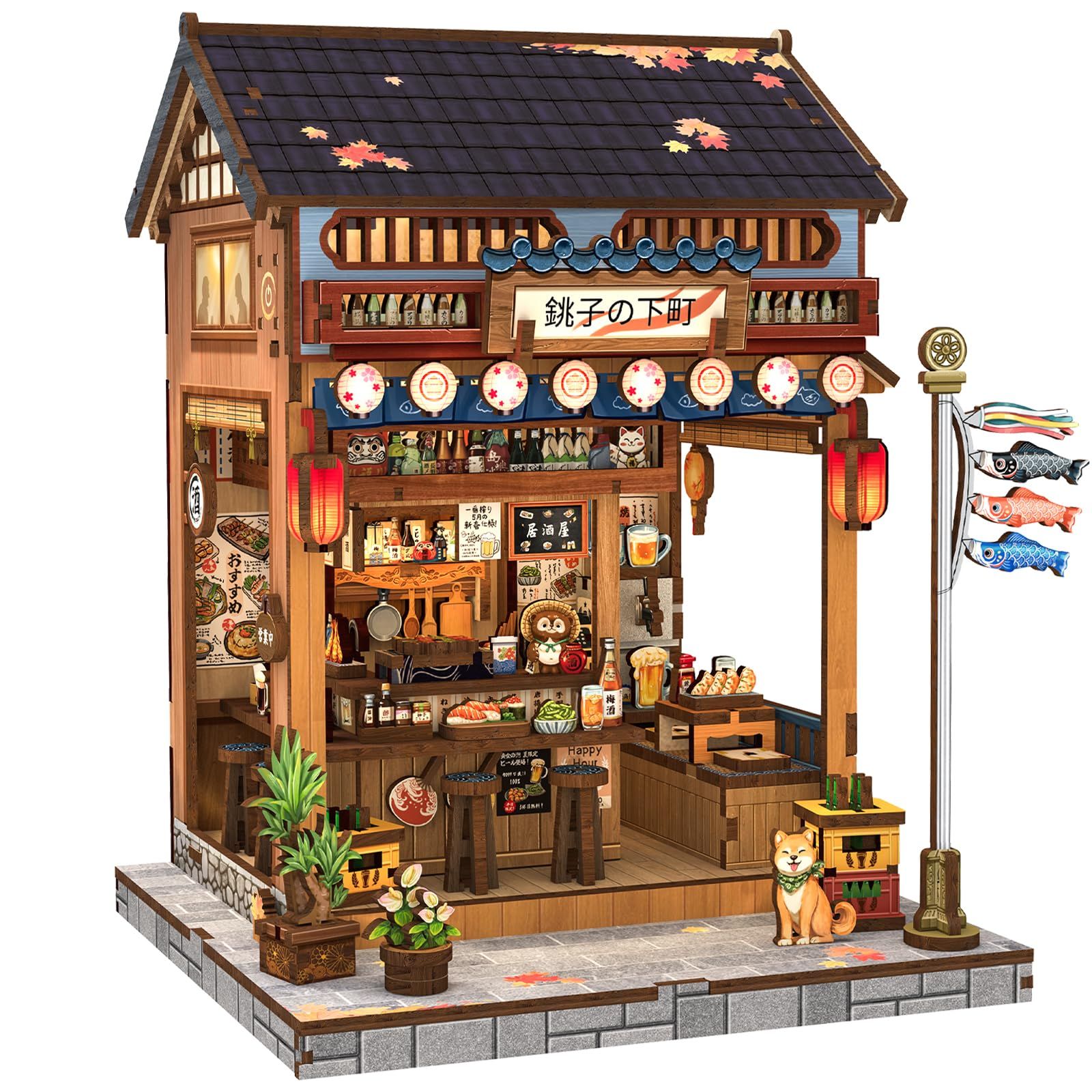 CuteBee ブックヌック キット 居酒屋 ドールハウス キット ミニチュアハウス 和風 木製パズル LEDライト内蔵 立体パズル ブックエンド 初心者や中学生向け プレゼントに最適 (銚子の下町)★m 03382dff