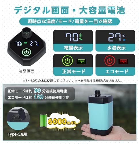 ZenCT ポータブルシャワー アウトドア USB充電式 6000mAh 【直射ヘッド付き】電動 簡易シャワー キャンプ 水流量無段階調節 Type-C充電 釣り 海水浴 サーフィン 旅行 水遣り 洗車 屋内 屋外 コンパクト ペット浴 節水 12dc63f6