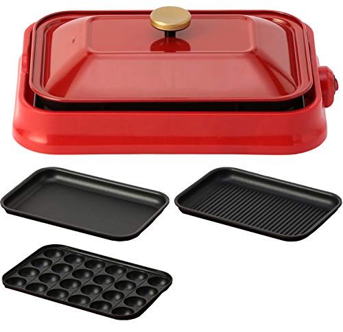 ☆新品☆東京Deco コンパクトホットプレート レッド 本体 プレート3種 [たこ焼き・グリル・平面] 3way 赤 おしゃれ かわいい これ1台 一台 蓋 ふた付き 800w 温度 洗いやすい 1人 2人 3人 用 小型 ひとり暮らし にも 39cb5df2