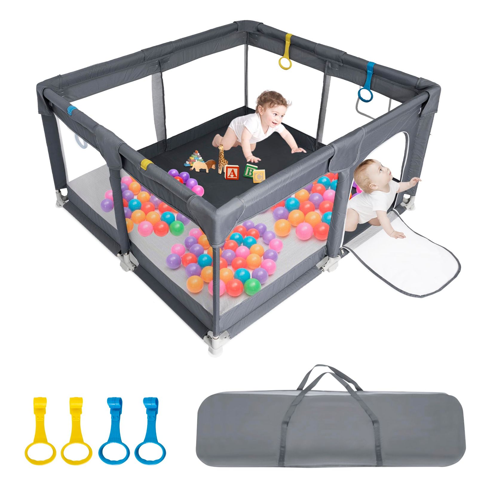 新品 BQKOZFIN ベビーサークル 120x120x66cm 正方形 コンパクト 扉付き 大型 プレイヤード baby playpen 滑り止め吸盤 メッシュタイプ 洗濯可能 収納バッグ付き 室内外対応 子供 軽量 7,040円