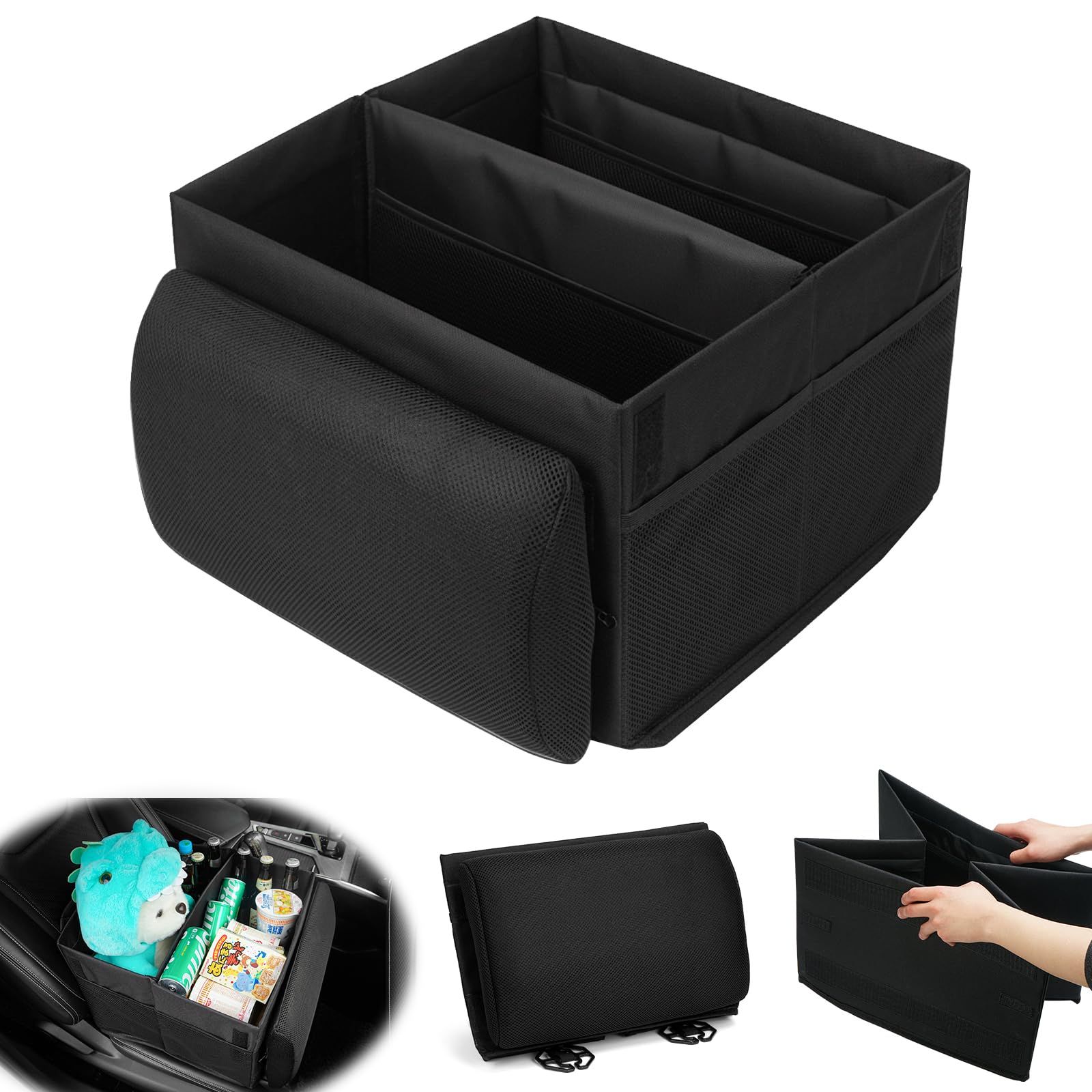 シートボックス 腰クッション＆収納ボックス 車用 折りたたみ式 【2WAY】 40L 大容量 6面ポケット&仕切り板 助手席/後部座席/トランク対応 車用品 車 収納 車内グッズ 荷物置き 落下防止 高耐久素材 旅行 小物整理 (40.5*39.5*28*vj