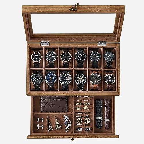 【新品】時計ケース 12本 木製 引き出し付き 腕時計収納 コレクションケース ジュエリー 2段式 透明窓付き ウォッチボックス アクセサリー保管 父の日プレゼント メンズ レディース 誕生日お祝いギフト 木の色 JOW012K01 18356011