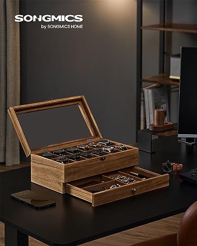 【新品】時計ケース 12本 木製 引き出し付き 腕時計収納 コレクションケース ジュエリー 2段式 透明窓付き ウォッチボックス アクセサリー保管 父の日プレゼント メンズ レディース 誕生日お祝いギフト 木の色 JOW012K01 18356011
