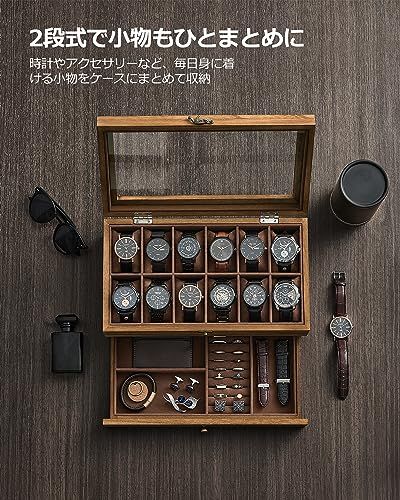 【新品】時計ケース 12本 木製 引き出し付き 腕時計収納 コレクションケース ジュエリー 2段式 透明窓付き ウォッチボックス アクセサリー保管 父の日プレゼント メンズ レディース 誕生日お祝いギフト 木の色 JOW012K01 18356011