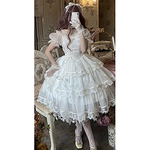 ワンピース ロリータ ゴスロリ コスプレ 衣装 半袖 ゆめかわいい 森ガール 女の子 姫 ドレス リボン ボリューム レトロ 中世紀 宮殿風 貴族風 パーティー 仮装 学園祭 イベント 白 (ワンピース, M)ma d75cd6e7