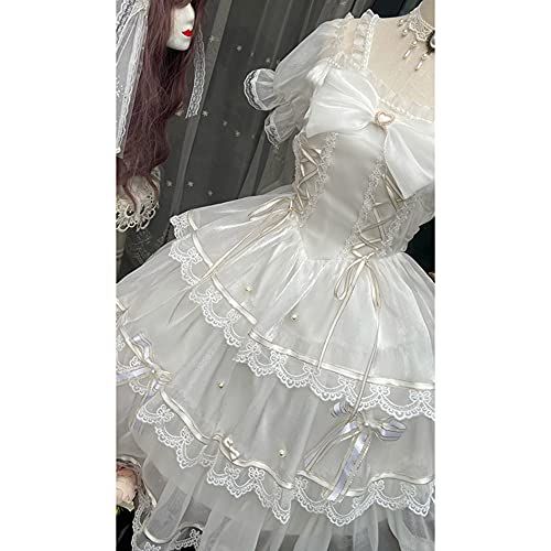 ワンピース ロリータ ゴスロリ コスプレ 衣装 半袖 ゆめかわいい 森ガール 女の子 姫 ドレス リボン ボリューム レトロ 中世紀 宮殿風 貴族風 パーティー 仮装 学園祭 イベント 白 (ワンピース, M)ma d75cd6e7