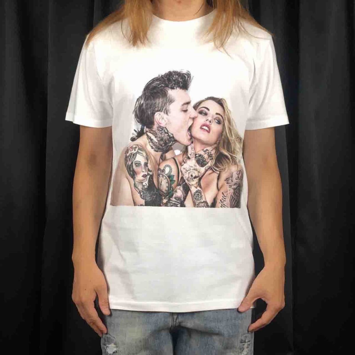 オリジナル Tシャツ ビッグ プリント ハード タトゥー カップル LOVERS ラバーズ 恋人 夫婦 Tシャツ S M L XL タイト ジャスト 大きい ビッグ オーバーサイズ メンズ レディース ユニセックス ピンククリーム