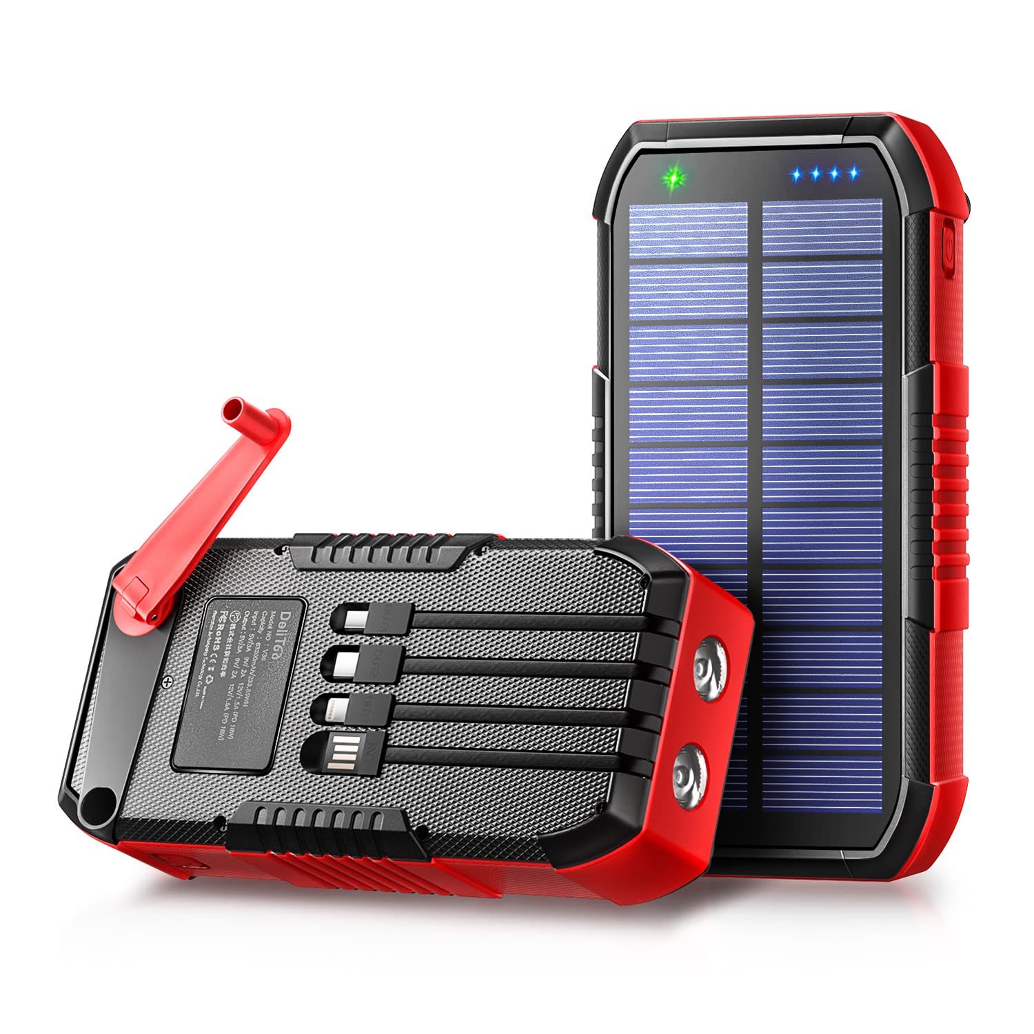 ソーラー 大容量 63200mAh 【22.5W/PD18W急速充電 & 手回し充電】 ケーブル内蔵 2つUSB-A出力ポート 6台同時充電 ソーラーチャージャー IP67防水防塵 耐衝撃 LEDライト付き コンパス搭載 5way蓄電 スマホ e0a5d98a