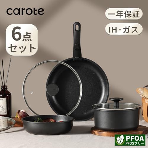 CAROTE カローテ フライパン 鍋 セット IH&ガス火対応 6点 PFOAなどの有害物質不使用 プロ仕様 5層構造 チタンコート 軽量 取っ手のとれる 洗練されデザイン コンパクト収納 1人暮らしセット 新生活セット 取っ手のとれる こ a3acadb4