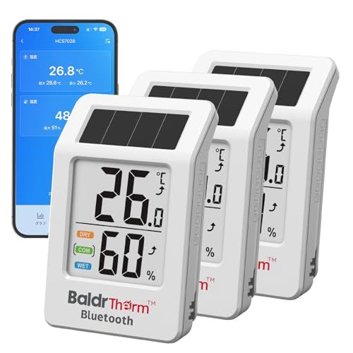 BaldrTherm スマート温湿度計 Bluetooth スマホで管理 屋内室外兼用 ソーラー充電 データ保存 アラーム機能付き 高精度 熱中症 インフルエンザ 乾燥対策 スタンド 吊り下げ対応 爬虫類温室 ペット ベビールーム おしゃれ ホワイト H*vj
