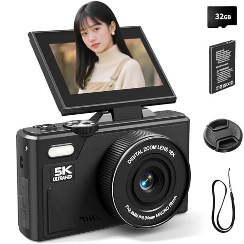 SRVR コンパクトデジカメ 5K/75MP Wi-Fi転送 ? 修学旅行・旅行の思い出をスマホに即送信 付属の32GB U3高速SDカードで5K動画も途切れず録画 180°回転・18倍ズームで自撮りもVlogも簡単 学生・初心者向けポケットカメラ (ブラJu